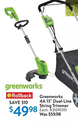 Walmart Greenworks 4a 13 dual-line string trimmer offer