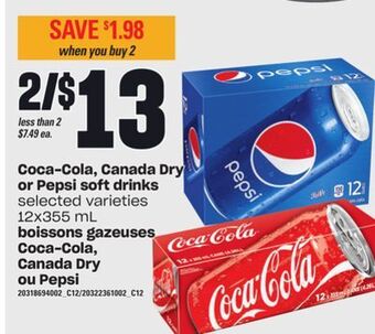 Independent City Market Boissons gazeuses coca-cola, canada dry ou pepsi, 12x355 ml offer