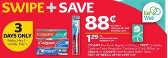 Rexall Colgate max fresh, regular or cavity or crest complete, cavity or tartar protection toothpaste 50ml-100ml or oral-b or colgat offer