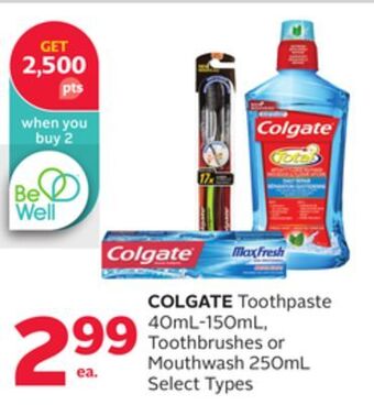 Rexall Colgate toothpaste 40ml-150ml, toothbrushes or mouthwash 250ml offer