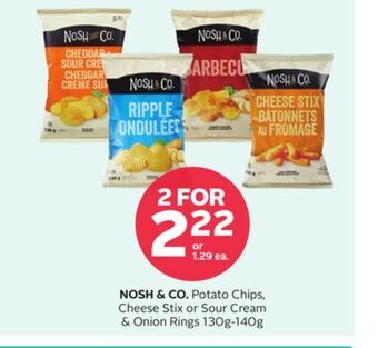 Rexall Nosh & co. potato chips, cheese stix or sour cream & onion rings 130g-140g offer
