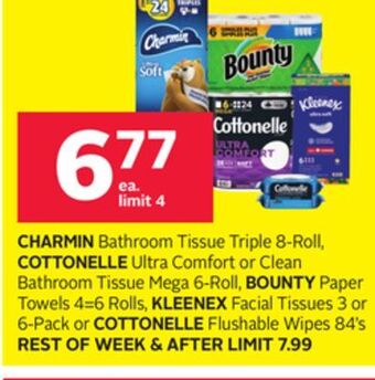 Rexall Charmin bathroom tissue triple 8-roll, cottonelle ultra comfort or clean bathroom tissue mega 6-roll, bounty paper towels 4 = offer