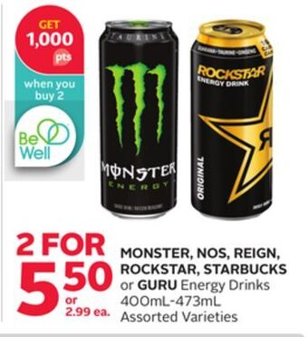 Rexall Monster, nos, reign, rockstar, starbucks or guru energy drinks offer