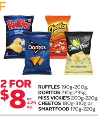 Rexall Ruffles 190g-200g, doritos 210g-235g, miss vickie's 200g-220g, cheetos 180g-310g or smartfood 170g-220g offer