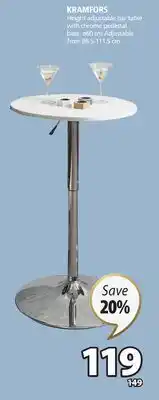 JYSK Kramfors height adjustable bar table with chrome pedestal base offer