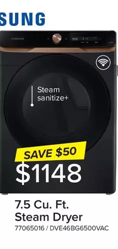 Leon's Samsung 7.5 cu. ft. steam dryer offer