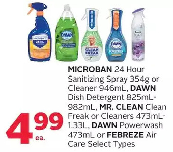 Rexall Microban 24 hour sanitizing spray or cleaner, dawn dish detergent, mr. clean clean freak or cleaners, dawn powerwash or febre offer