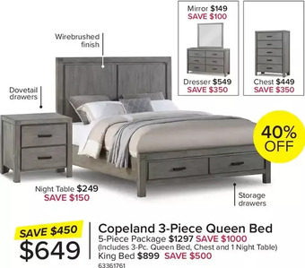 Leon's Copeland 3-piece queen bed | 5-piece package | king bed | night table | mirror | dresser | chest offer
