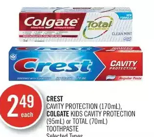 Shoppers Drug Mart Crest cavity protection, colgate kids cavity protection or total toothpaste offer