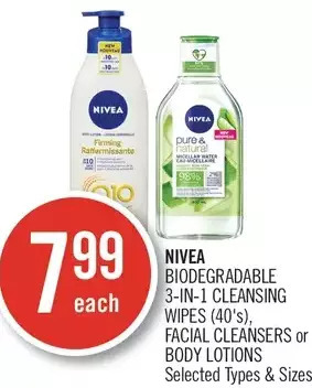 Shoppers Drug Mart Nivea biodegradable 3-in-1 cleansing wipes, facial cleansers or body lotions offer