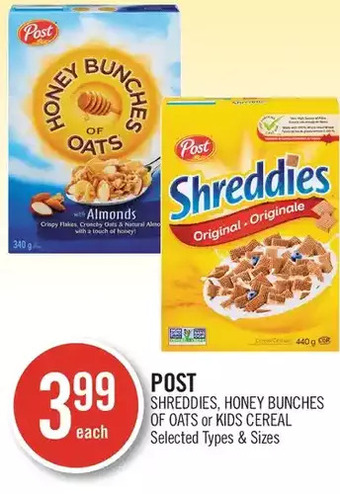 Shoppers Drug Mart Post shreddies, honey bunches of oats or kids cereal offer