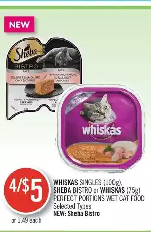 Shoppers Drug Mart Whiskas singles, sheba bistro or whiskas perfect portions wet cat food offer