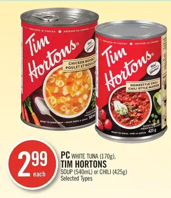 Shoppers Drug Mart Pc white tuna, tim hortons soup or chili offer