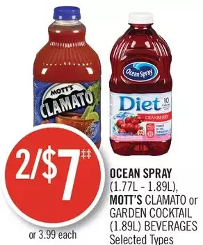 Shoppers Drug Mart Ocean spray, mott's clamato or garden cocktail beverages offer