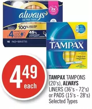 Shoppers Drug Mart Tampax tampons, always liners or pads offer