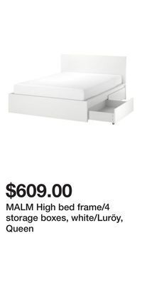 IKEA Malm high bed frame/4 storage boxes, white/luröy, queen offer