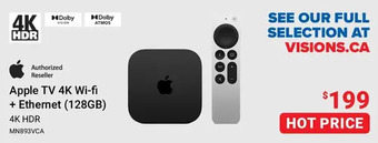 Visions Electronics Apple tv 4k wi-fi + ethernet (128gb) offer