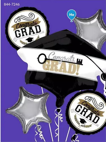 Party City Achievement key graduation foil balloon bouquet, helium inflation included, black/gold/white/silver, 5-pc offer
