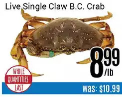 Nations Fresh Foods Live single claw b.c. crab offer
