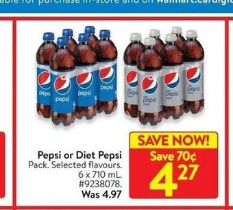 Walmart Pepsi or Diet Pepsi Pack. Selected flavours 6 x 710ml offer