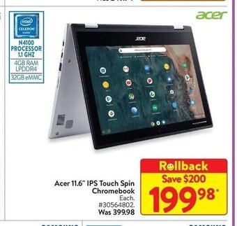 Walmart Acer 11.6" IPS Touch Spin Chromebook offer