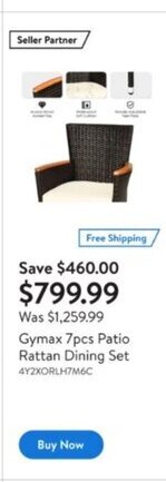Walmart Gymax 7pcs Patio Rattan Dining Set offer