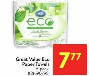 Walmart Great Value Eco Paper Towels 6-pack. offer