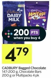 IGA CADBURY Bagged Chocolate 147-200 g, Chocolate Bars 200 g or Multipacks 4 pk offer