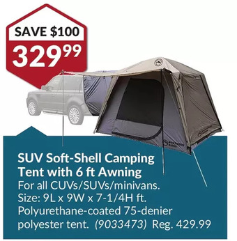 Princess Auto Suv soft-shell camping tent with 6 ft awning offer