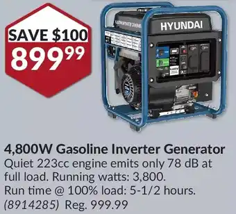 Princess Auto Hyundai 4,800w gasoline inverter generator offer