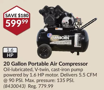 Princess Auto Sanborn 20 gallon portable air compressor offer