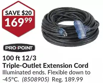 Princess Auto Pro.point 100 ft 12/3 triple-outlet extension cord offer