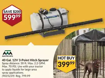 Princess Auto Master mfg 40 gal. 12v 3-point hitch sprayer offer