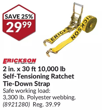 Princess Auto Erickson 2 in. x 30 ft 10,000 lb self-tensioning ratchet tie-down strap offer