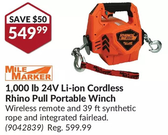 Princess Auto Mile marker 1,000 lb 24v li-ion cordless rhino pull portable winch offer