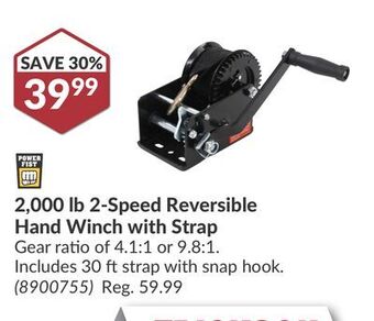 Princess Auto 2, 000 lb 2-speed reversible hand winch with strap offer
