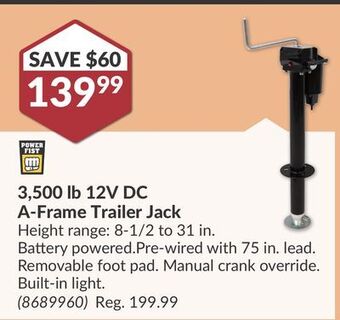Princess Auto 3,500 lb 12v dc a-frame trailer jack offer