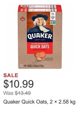 Costco Quaker quick oats, 2 × 2.58 kg offer