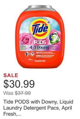 Costco Tide pods with downy, liquid laundry detergent pacs, april fresh, 104-count offer