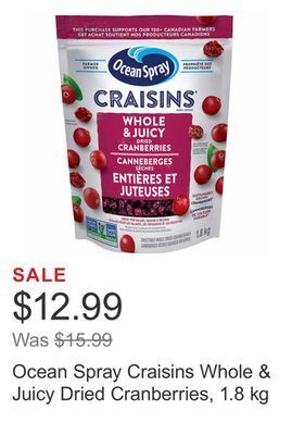 Costco Ocean spray craisins whole & juicy dried cranberries, 1.8 kg offer