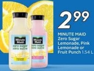 Sobeys MINUTE MAID Zero Sugar Lemonade, Pink Lemonade or Fruit Punch 1.54 L offer