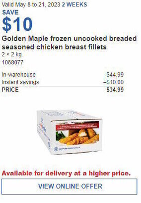 Costco Golden Maple frozen uncooked breaded seasoned chicken breast fillets offer