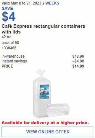 Costco Café Express rectangular containers with lids offer