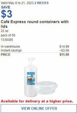 Costco Café Express round containers with lids offer
