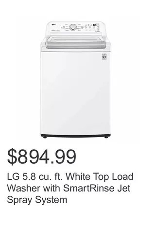 Costco Lg 5.8 cu. ft. white top load washer with smartrinse jet spray system offer