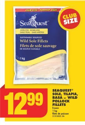 No Frills Seaquest® sole, tilapia, basa or wild pollock fillets, 1 kg offer