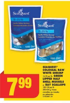 No Frills Seaquest® colossal raw white shrimp, 16-20 per lb or green lipped half shell mussels or bay scallops, 100-150 per lb offer