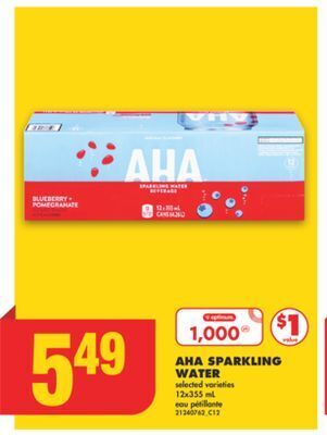 No Frills Aha sparkling water, 12x355 ml offer