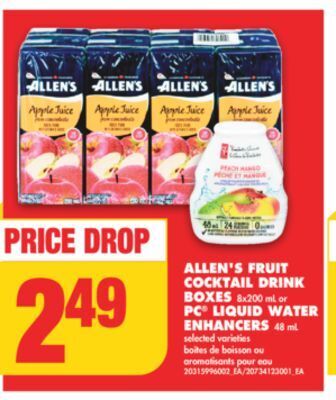 No Frills Allen's fruit cocktail drink boxes, 8x200 ml or pc® liquid water enhancers, 48 ml offer