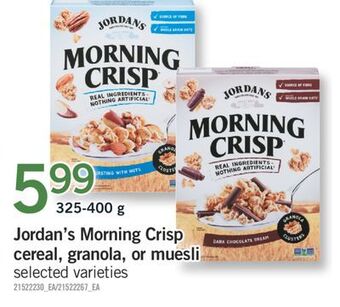 Fortinos Jordan's morning crisp cereal, granola, or muesli, 325-400 g offer
